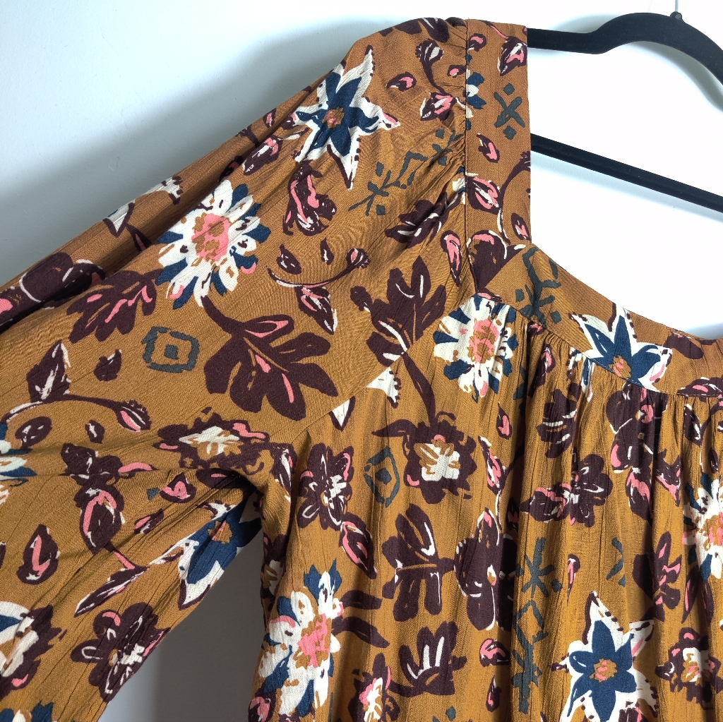 Sonoma Square Neckline Mustard Yellow Floral Long Sleeve Rayon Blouse Size 1x — image 8 of 8